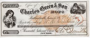 1872 CHARLES GREEN & SON DEALERS IN HOPS REVENUE STAMP CHECK W/ VIGNETTES BEER - Picture 1 of 1