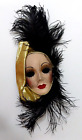 VINTAGE Ceramic Woman Masquerade Wall Face Mask FEATHER VEIL Signed Jake 8791