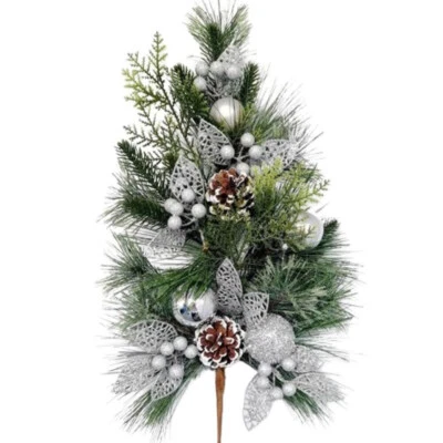 Spray Floral 24" Artificial Mixto de Pino con Brillo Plateado y Hojas Foto 1 de 3