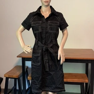 Suzi Chin Maggy Boutique Shirt Dress 6 Belted Black  Half Button Career - Picture 1 of 20
