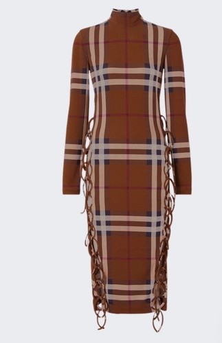 ABITO CRAVATTA LATERALE ELASTICIZZATO BURBERRY CHECK MARRONE BETULLA taglia 8 ORIGINALE PREZZO AL PUBBLICO £ 1490 #W12