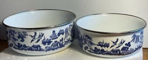 Vintage Heritage neuwertig blau Weide Emaille Metall Mischschüssel 2-teiliges Set - Bild 1 von 4