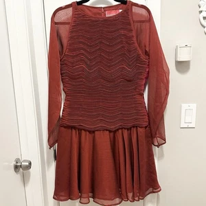 Vintage Oscar de Larenta Studio dunkelrot gerafftes Minikleid 8 transparent Slv Chiffon - Bild 1 von 12