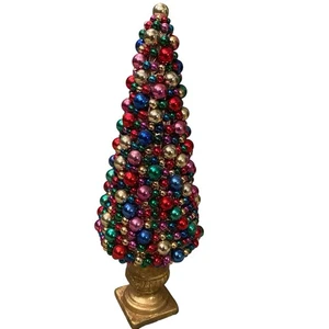 Vintage Beaded Ornament Christmas Tree 15” Multicolor Table Decor Gold Pedestal - Picture 1 of 5