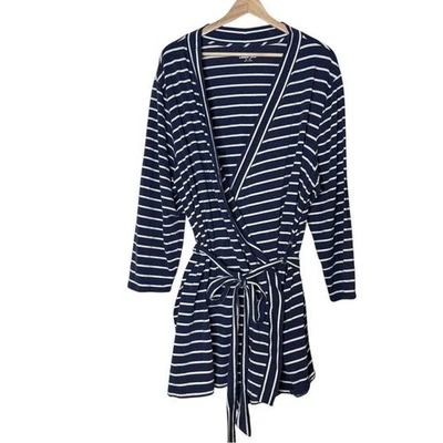 Lands' End Navy Blue Striped Belted Full Wrap Cardigan Robe Size 1x - 2X Stretch - Image 1 of 4