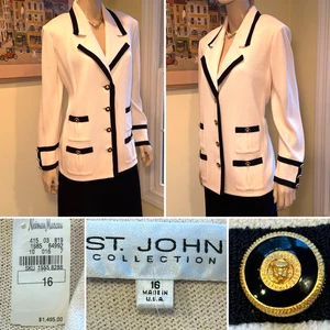 Nuevo con Etiqueta $1495 Blazer Vintage ST JOHN Talla 16/XL Blanco Santana Elastizado Tejido Lana - Imagen 1 de 12