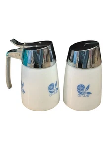 VTG Dripcut Starline Syrup Dispenser & Sugar Shaker Set Milk Glass Blue MCM - Picture 1 of 15