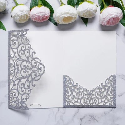 20 PIEZAS Plata Brillo Corte Láser Invitaciones Boda Bolsillos Triple Pliegue 5x7 Láser... Foto 1 de 4