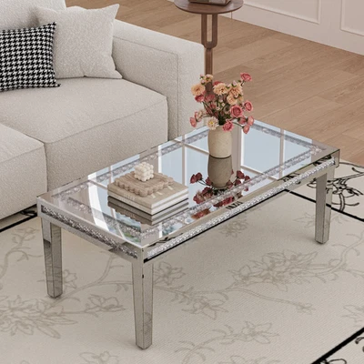 120cm Rectangular Diamond Mirrored Crystal Coffee Table Living Room Furniture - Image 1 of 4