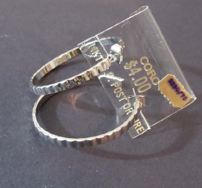Vintage Coro Silver Tone Textured Ribbed Hoop Earrings MADE IN U.S.A   1.25" - Image 1 of 4