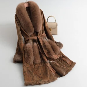 Abrigo largo de cuero forrado de piel de conejo con cuello de piel de zorro real para mujer - Imagen 1 de 25