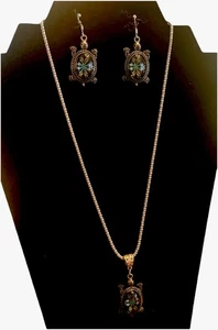 Silver Necklace / Matching Earrings Turtle Blue Green Floral Inset 18” Plus Ext - Picture 1 of 12