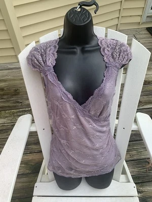Ann Ferriday Fairy Top Lavender  Purple Faux Wrap Lace Stretch Lace M - Image 1 of 4