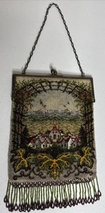 Antique Victorian French Glass Beads Village Scene Evening Bag - Picture 1 of 16