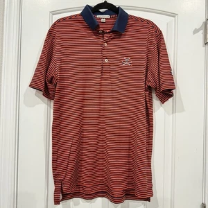 Polo de golf Peter Millar para hombre pequeño azul naranja a rayas logotipo UVA Kinloch - Imagen 1 de 7