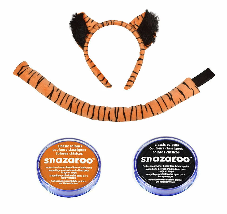 Tiger Ears & Tail Set With Orange & Black Paint Fancy Dress Safari Animal  - Image 1 of 1