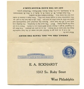 UY5 PREPRINTED REPLY CARD IN-TACT 1912 HIGH SCHOOL REUNION? WEST PHILADELPHIA PA - Picture 1 of 3