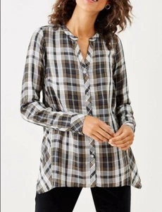 J Jill Women’s Black Brown Gray Plaid Dipped Hem Shirt Button Up Size Medium - Picture 1 of 16