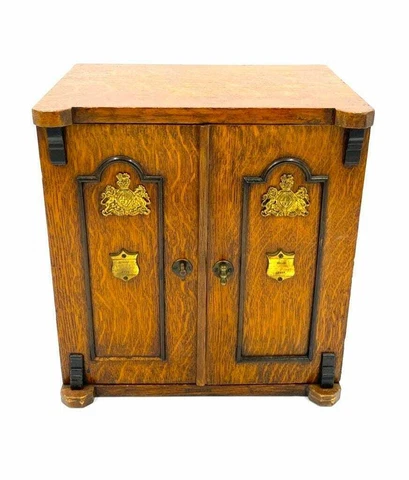 19th C English REGENCY Oak Jewelry Cabinet  with Brass Crest Escutcheons Cover