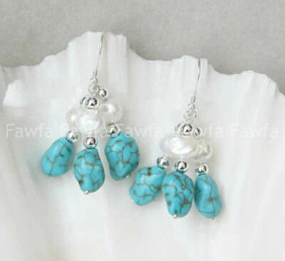 7-8mm White Baroque Pearl &7-11mm Irregular Turquoise Silver Hook Dangle Earring - Image 1 of 3