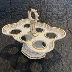 Rare Antique Porcelain Egg Cruet For 6 Egg Cups Holder Handle White Blue & Gold - Foto 1 di 13