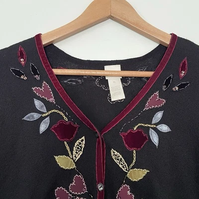 Suéter Cárdigan Jill Terciopelo Negro XL Floral Bordado Corazones Cuentas Foto 1 de 4