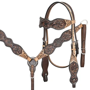 49RK HILASON Western Horse Headstall Breast Collar Leather Brown - Picture 1 of 8