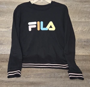 Fila Gr. L schwarzes Sweatshirt bunt Spruch Logo rosa Streifen Saum - Bild 1 von 7