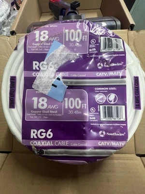 Bobina de cable coaxial Southwire RG6-Dual Shield 18 AWG blanco 100 pies ¡Nuevo sellado! Foto 1 de 4