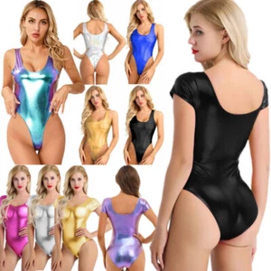 UK Women Shiny Metallic One Piece Swimsuits Swimwear Sleeveless High Cut Thongs - Picture 1 of 76