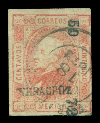 MÉXICO 1872 Hidalgo 25c rojo wmkd - VERA CRUZ - 50 72 consg. Scott 83 usado FVF Foto 1 de 3