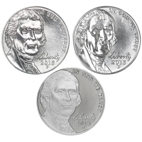 2015 P D S Jefferson Nickel Year Set Proof & BU US 3 Coin Lot Cover