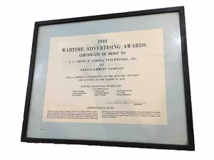 WWII 1944 Wartime Advertising Awards Framed Certificate L. C. Smith Type writers - Picture 1 of 9