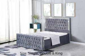 Ottoman Storage Plush Velvet Mirror Headboard + USB Charging Port - Picture 1 of 8