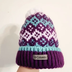 Columbia Youth Pom Pom Beanie, purple, teal & white, O/S Outdoor Cozy Casual - Picture 1 of 13