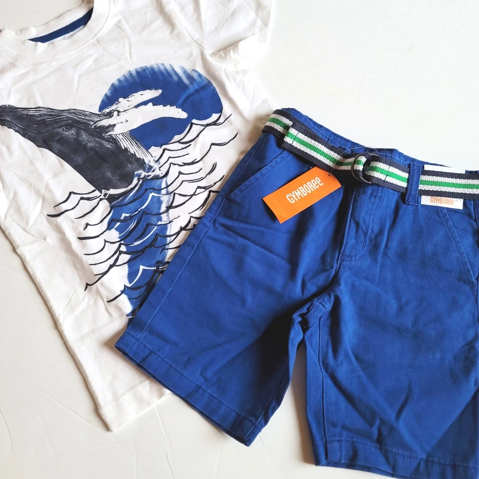 Gymboree Boys 6 "Preparación de Primavera" Camiseta Ballena Jorobada Azul Conjunto de Pantalones Cortos con Cinturón Nuevo con Etiquetas   Foto 1 de 4