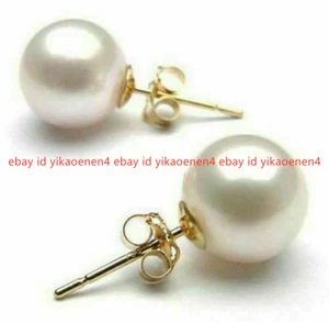 Real Natural 9-10mm White AAAA South Sea Pearl Earrings 14k Gold Stud - Picture 1 of 12