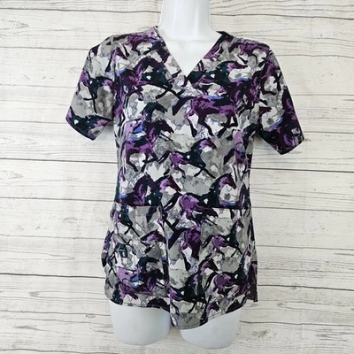 Blusa Médica Carhartt Mujer Talla XS Púrpura Gris Estampado Caballo Manga Corta Foto 1 de 4