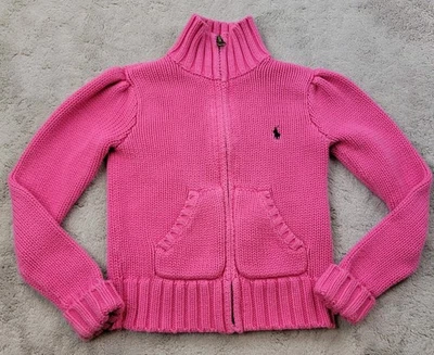 Polo Ralph Lauren Suéter Niñas 5 Rosa Algodón Cremallera Completa Grueso Tejido Cuello Alto Foto 1 de 4
