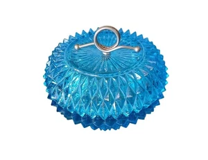 Vintage Blue Diamond-Cut Indiana Glass Lidded Jewelry Trinket Box Candy Dish 5" - Picture 1 of 7