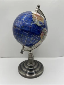 9" Tall World Globe Semi Precious Stones 4" Diameter Silver Base - Picture 1 of 10