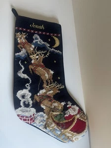 Lands End Needlepoint Christmas Stocking Personalized JONAH Santa Sleigh Blue - Picture 1 of 2