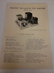 Vintage 1952 HeathKit W2 Williamson Type Amplifier Technical Specifications  - Picture 1 of 6
