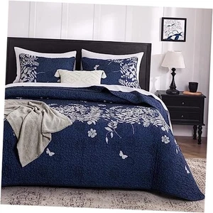- Floral Quilt Set, Botanical Elegant Flower Tree Leaf King Navy Blue Gray - Picture 1 of 8