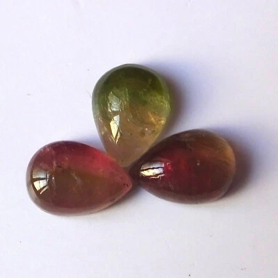 Bi Color Tourmaline Cabochon 10X7 mm Pear Cut Natural Loose Gemstone 3 Piece Lot - Image 1 of 4