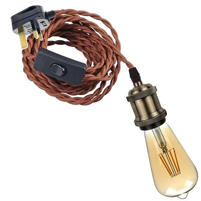 Twisted Brown 5m Fabric Flex Cable Kit Plug in Pendant Lamp E27 Light Fitting - Image 1 of 4