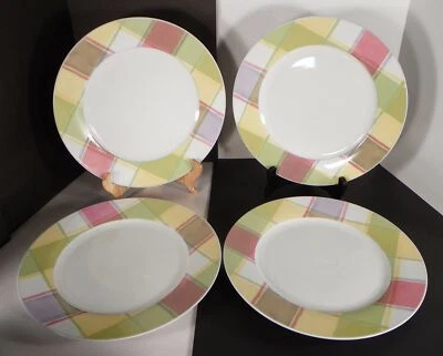 TRATORRIA Studio Nova Dinner Plate (s) LOT OF 4 Pink Green Yellow PLAID TPC23 - Image 1 of 4