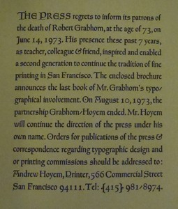 DEATH OF ROBERT GRABHORN 1900-1973 [Andrew Hoyem] Folded Card