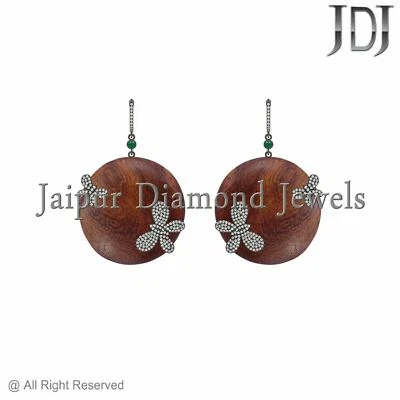 Micro Pave Diamond Emerald Butterfly Wood Dangle Earrings 925 Silver Jewelry New - Image 1 of 4