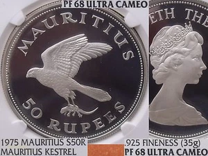 Mauritius 1975 Silver 50 Rupees~NGC PR-68 UC~Pop=2~Conservation~Kestrel~Free Shi - Picture 1 of 5